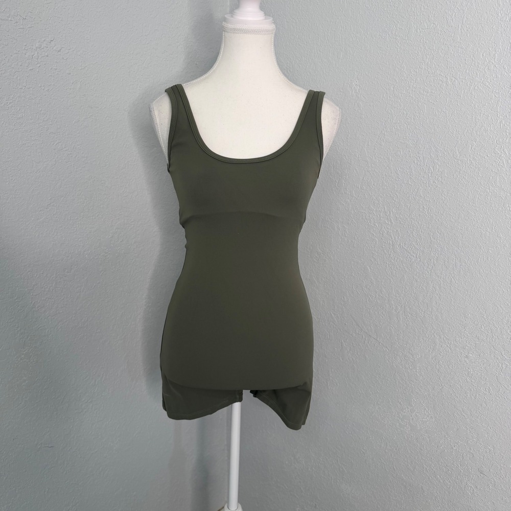 Olive Green Open Back Ruched Athletic Romper One Piece Bodysuit Sleeveless